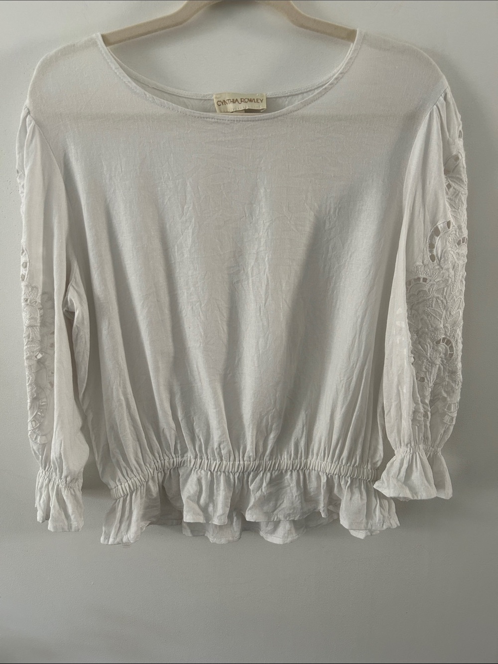 Cynthia Rowley White Long-Sleeve Lace-Inset Peasant Blouse Ruffle Cuffs/Hem Med.